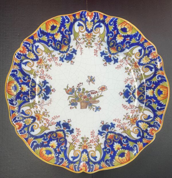 Plat faience de rouen -panier fleuri -  ø 38 cm