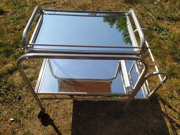 Modernist aluminum trolley with mirrored tops