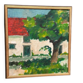 Huile sur toile suédoise « Arbre près de la maison » par Karl Bertil Lundh, milieu XXème