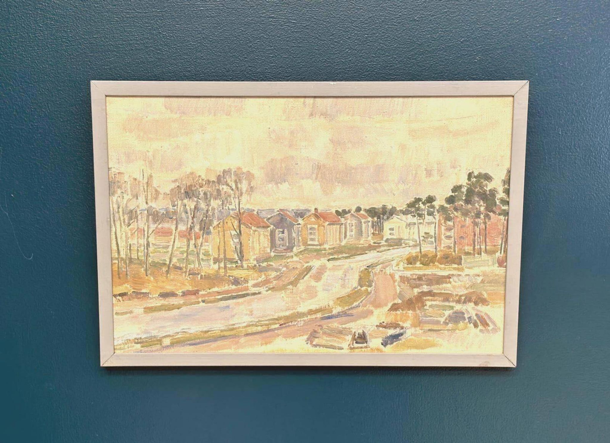 Original Swedish Oil On Panel – “Seaside Town” – Vintage & Framed – 57 × 39 Cm (22.4" × 15.4")