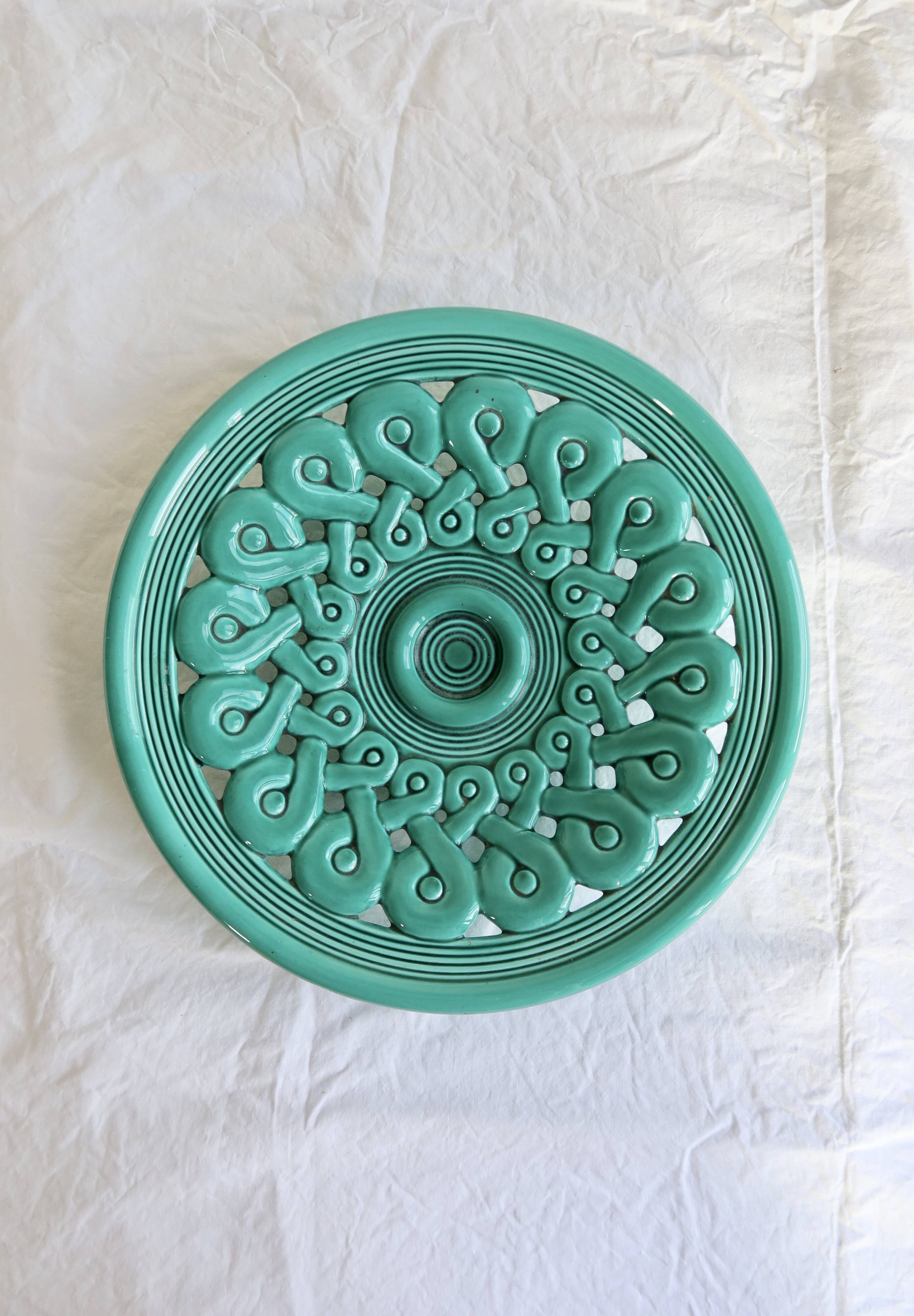 Large vintage turquoise ceramic bowl – Openwork braided pattern
