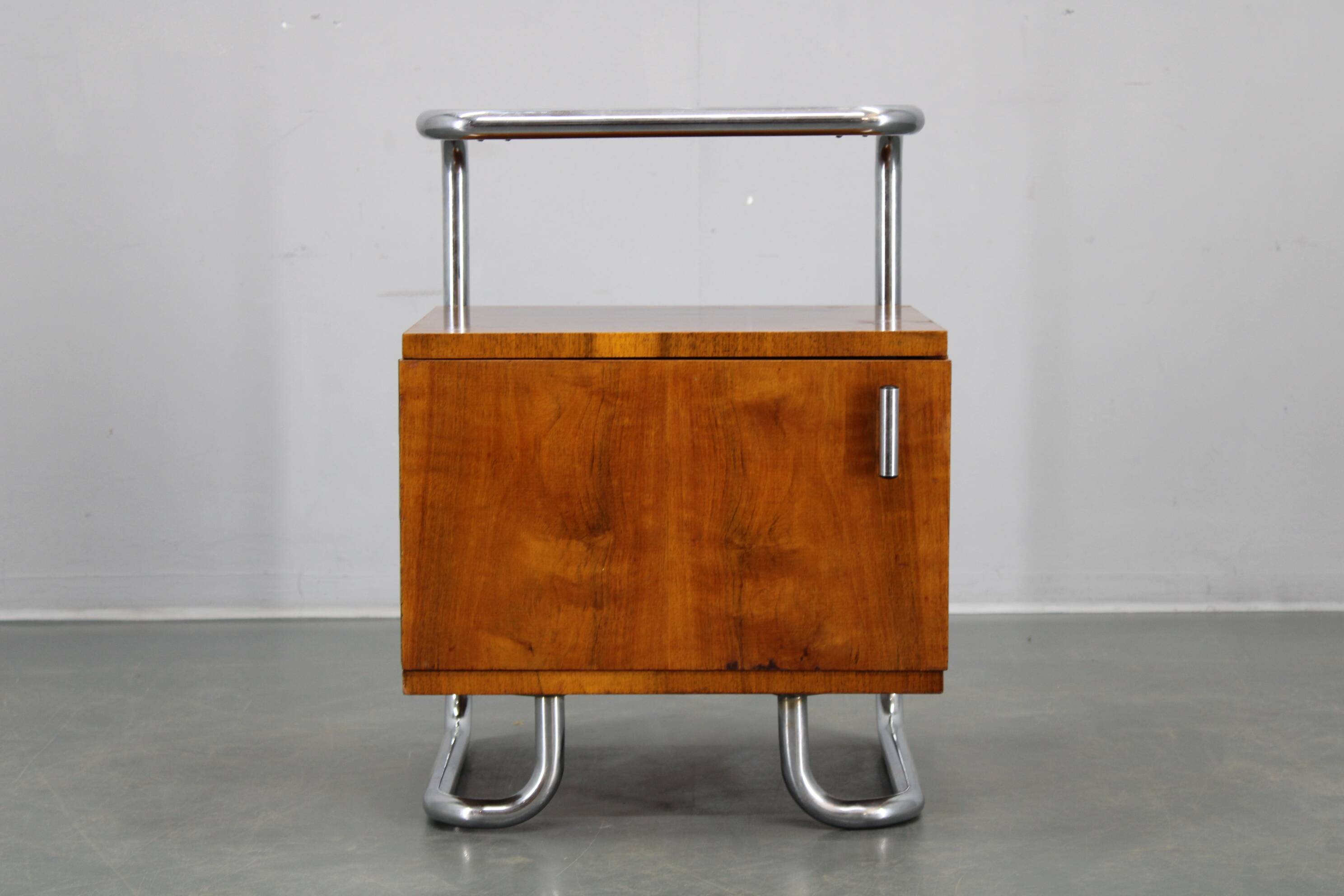 Restored Bauhaus chrome and walnut nightstand, Czechoslovakia 1940s