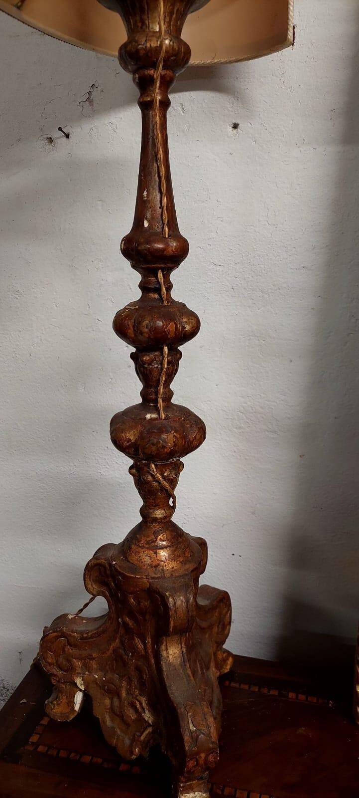 Antique 18th century candlestick lamp, gilded wood, electrified