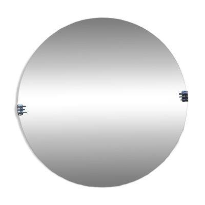 Miroir rond Art Déco – Verre biseauté & clips chromés – Années 1930