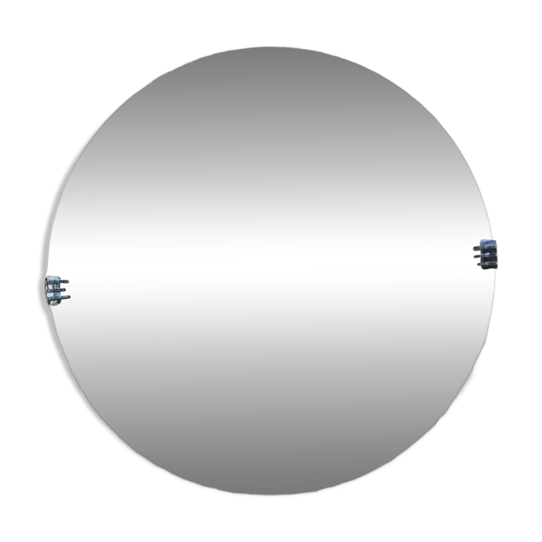Miroir rond Art Déco – Verre biseauté & clips chromés – Années 1930