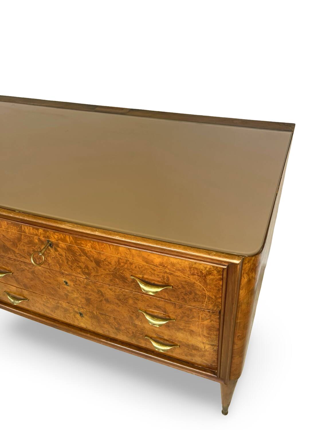 Veneered burl walnut chest of drawers with light warm brown glass top