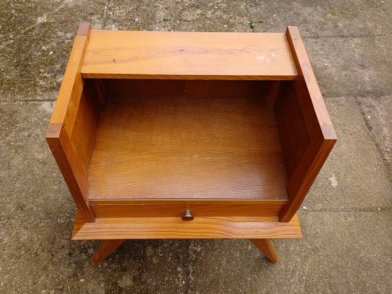 Solid pitch pine bedside table with vintage splayed legs.