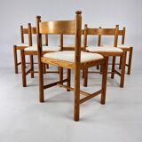 Set of 6 Pine and Boucle Rustic Dining Chairs, 1960s