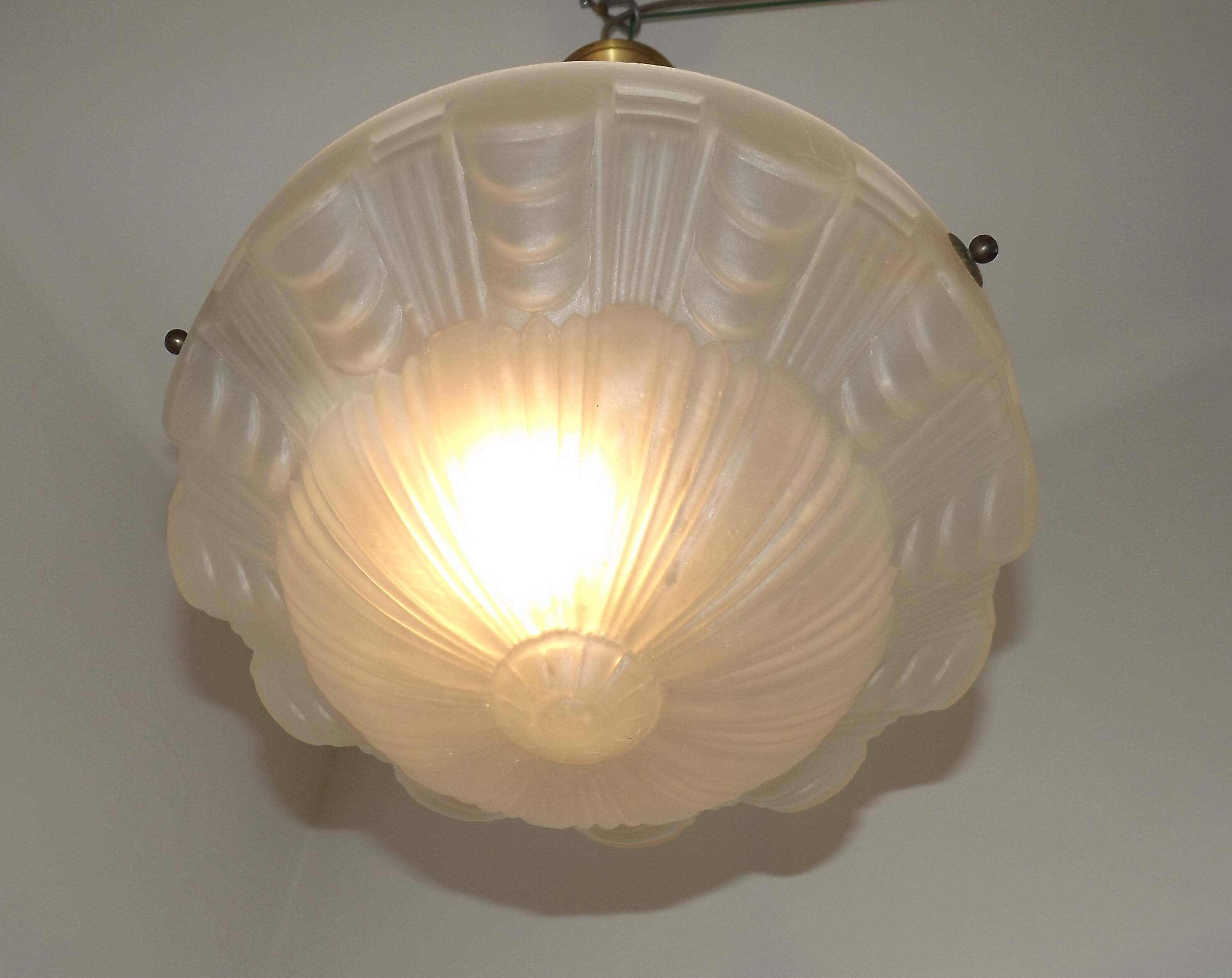 Vintage French 1930s Art Deco Gometric White Glass Ceiling Light
