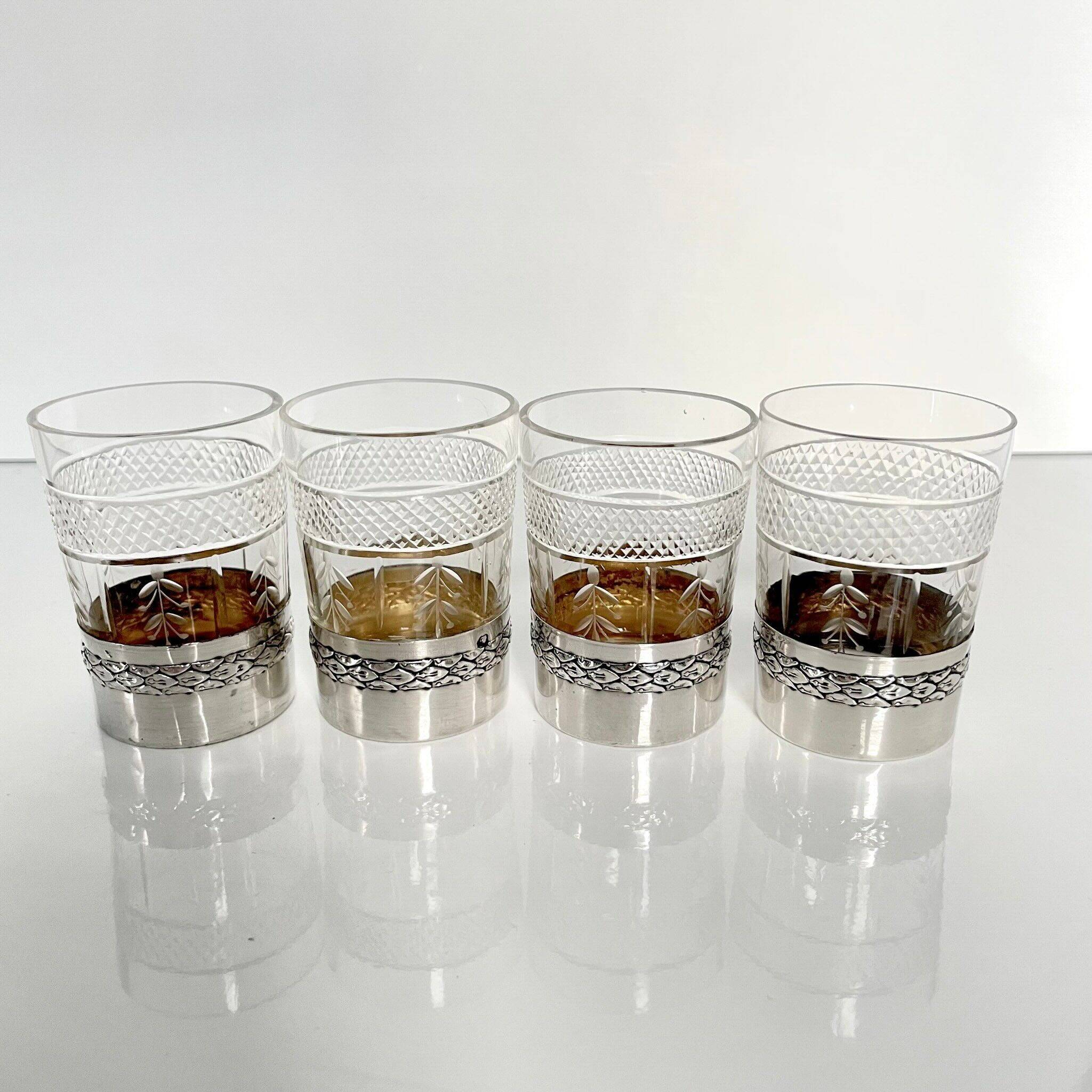 4 crystal and silver liqueur glasses – Late 19th - early 20th century