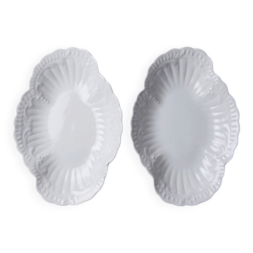 Vintage duo of Chastagner Limoges serving dishes, white rocaille porcelain.