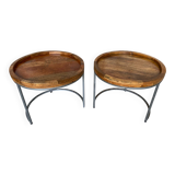 Nightstand Round Design Metal Grey + Wooden Top #D