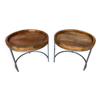 Nightstand Round Design Metal Grey + Wooden Top #D