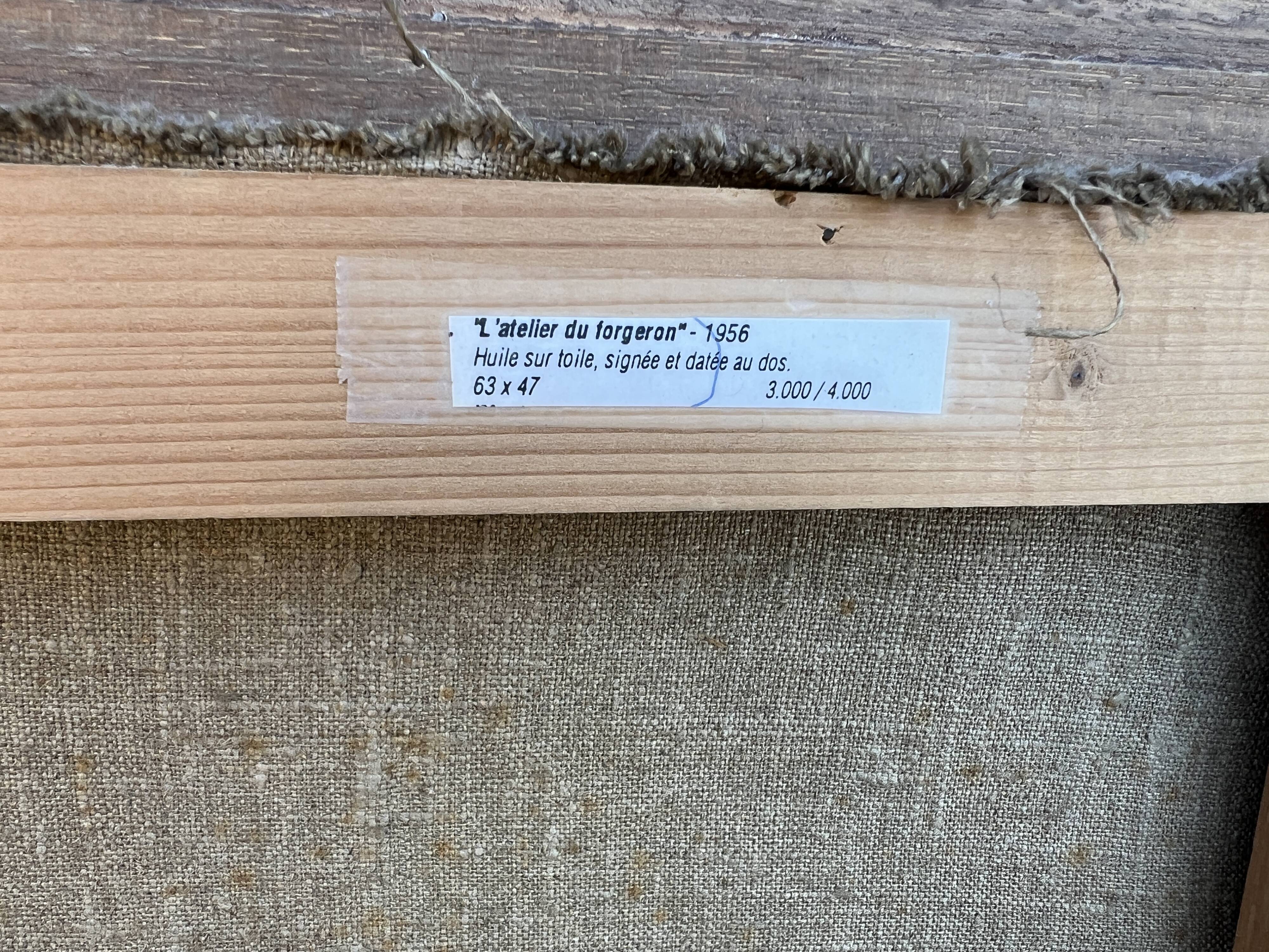 Oil-on-canvas painting The Blacksmith's Workshop 1956 signed by Fomine