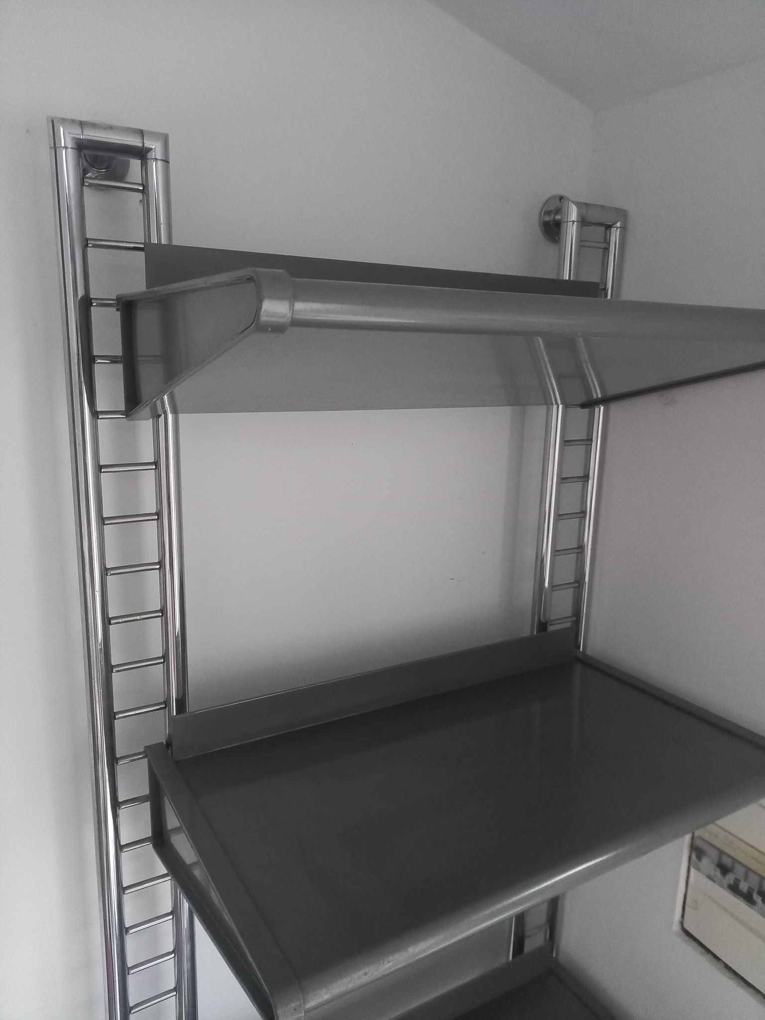 Large chrome wall shelf, aluminium and metal, 1970s industrial, 220cm.