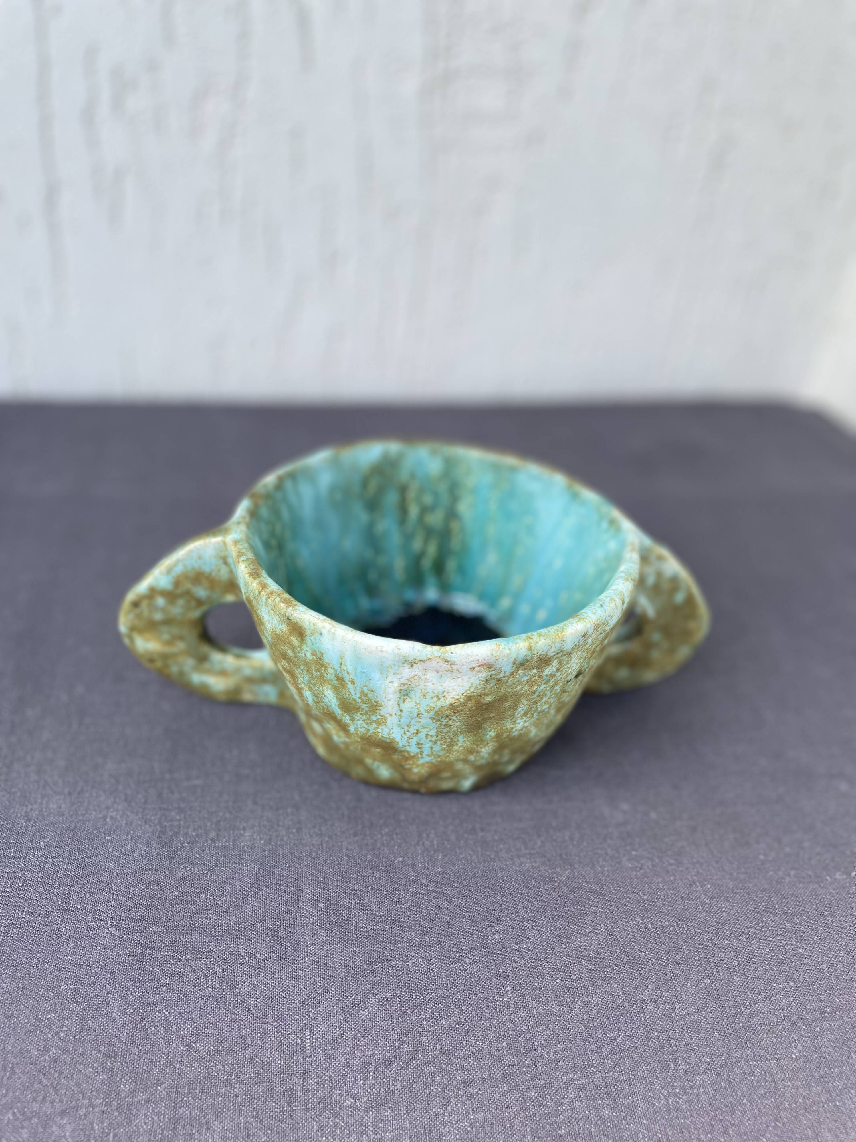 Stoneware bowl with handles, signed handmade ceramic.