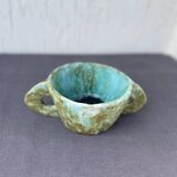 Stoneware bowl with handles, signed handmade ceramic.