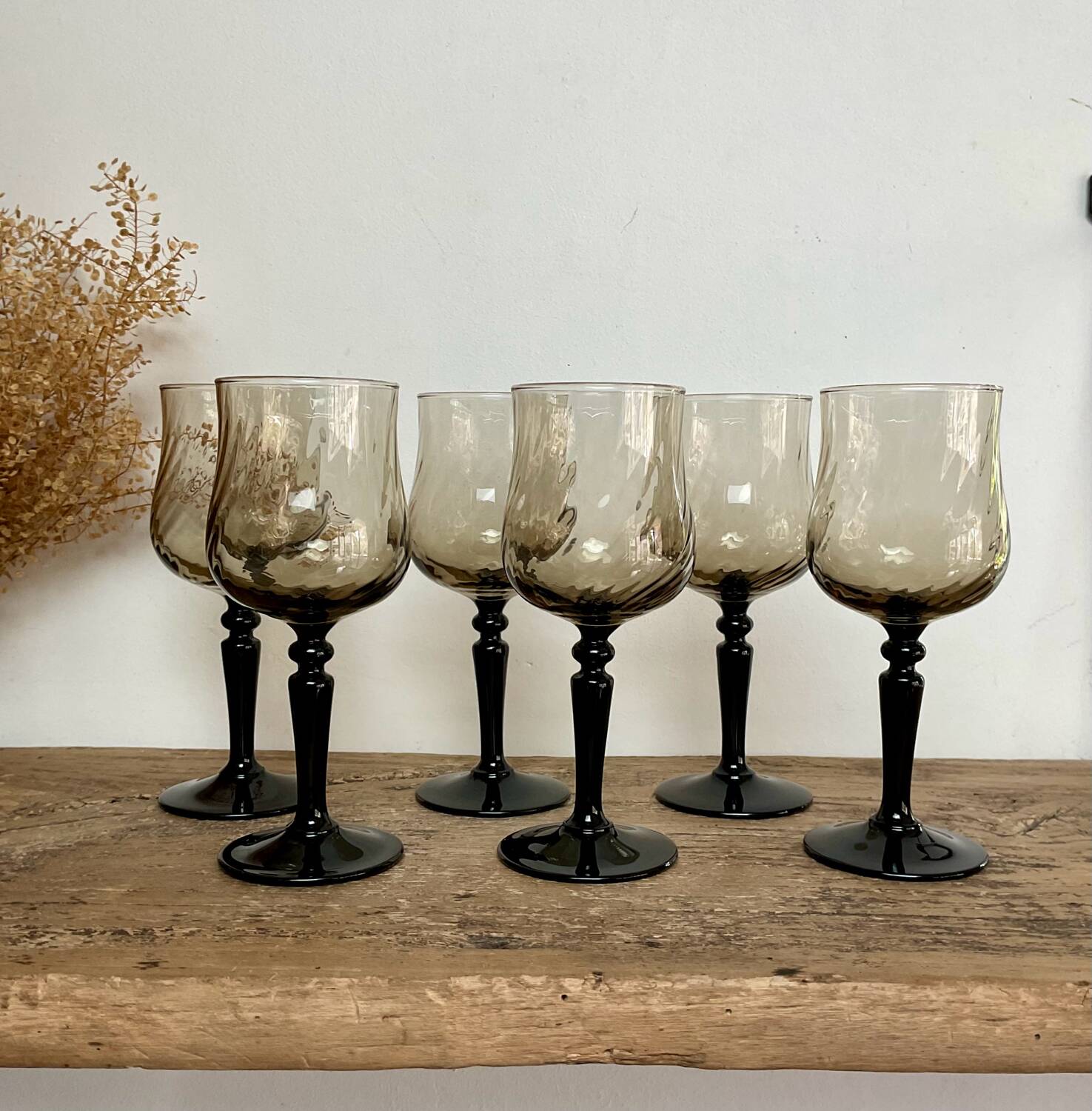 6 small luminarc smoked stemmed glasses