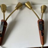 Pair of scandinavian midcentury wall lights sconces in brass & teak