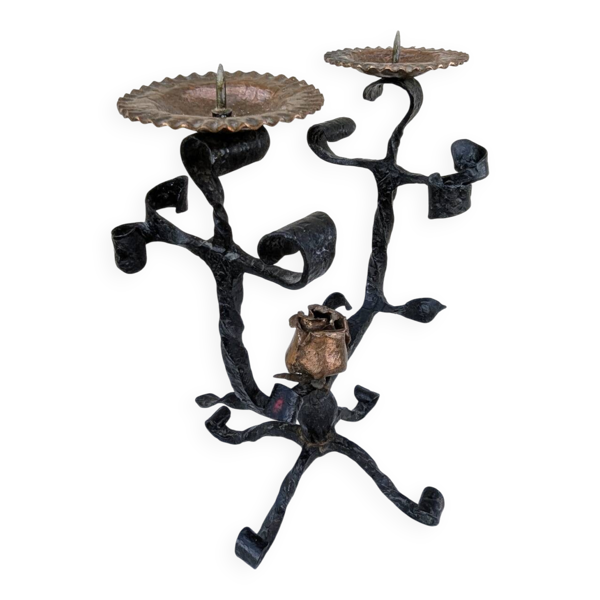 Chandelier Fer Forgé Ancien Brutaliste Bougeoir Naturaliste Floral — Beyit