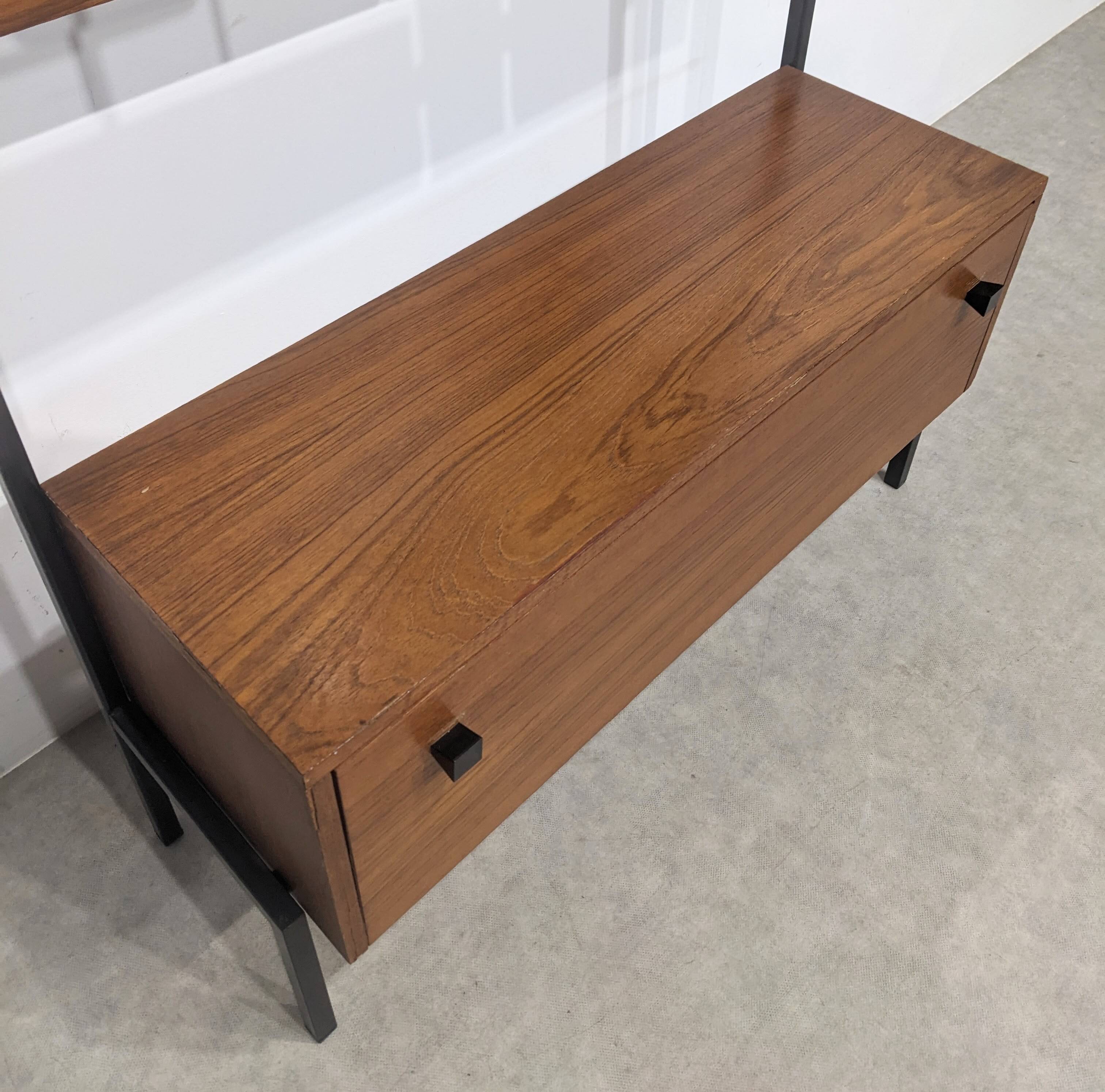 Mid-century coat rack, chest, and mirror.