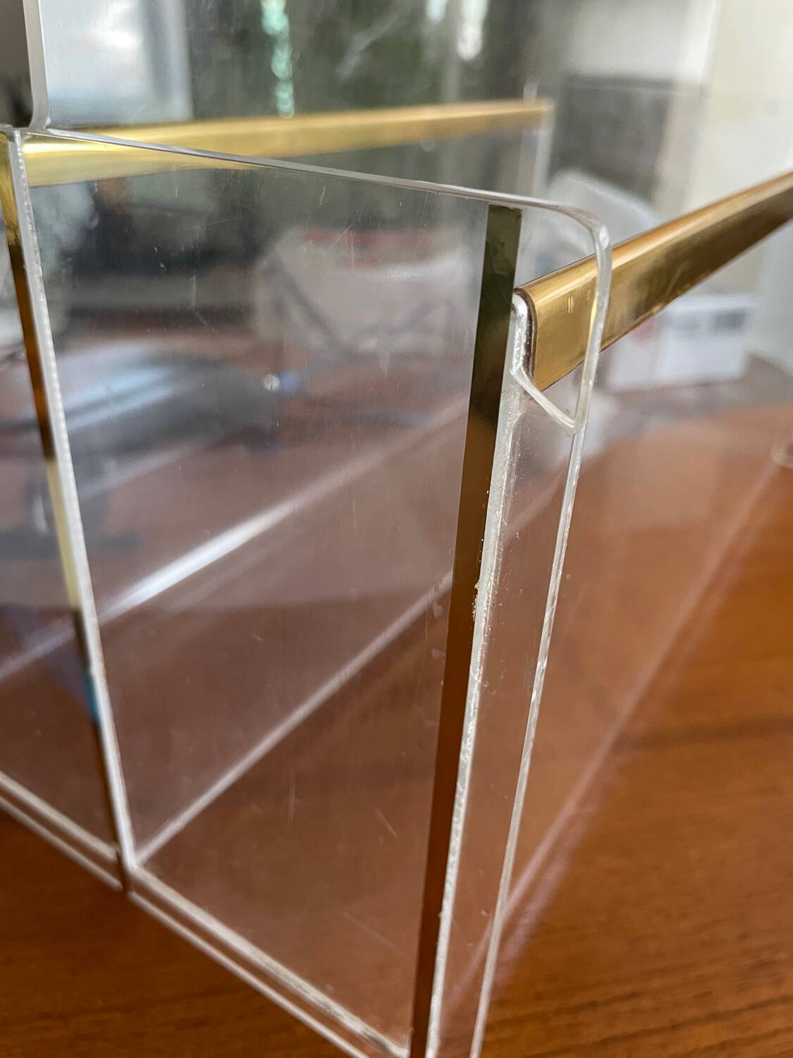 80s Plexiglas and brass magazine rack
