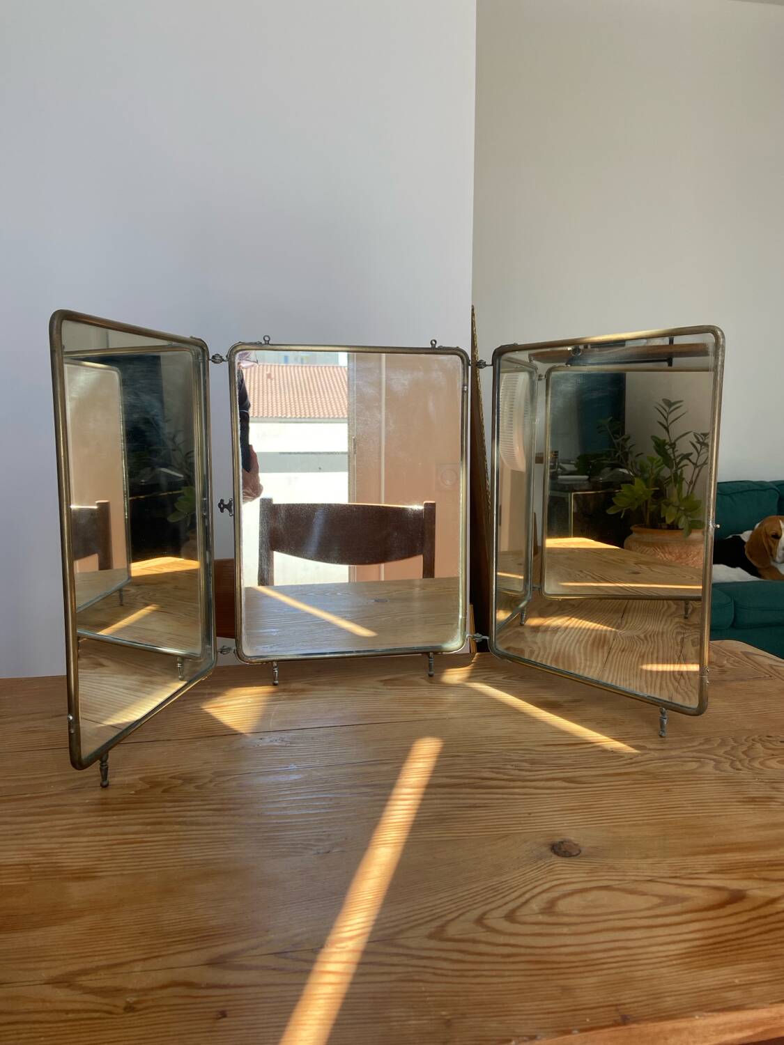 Metal triptych mirror from the 1950s
