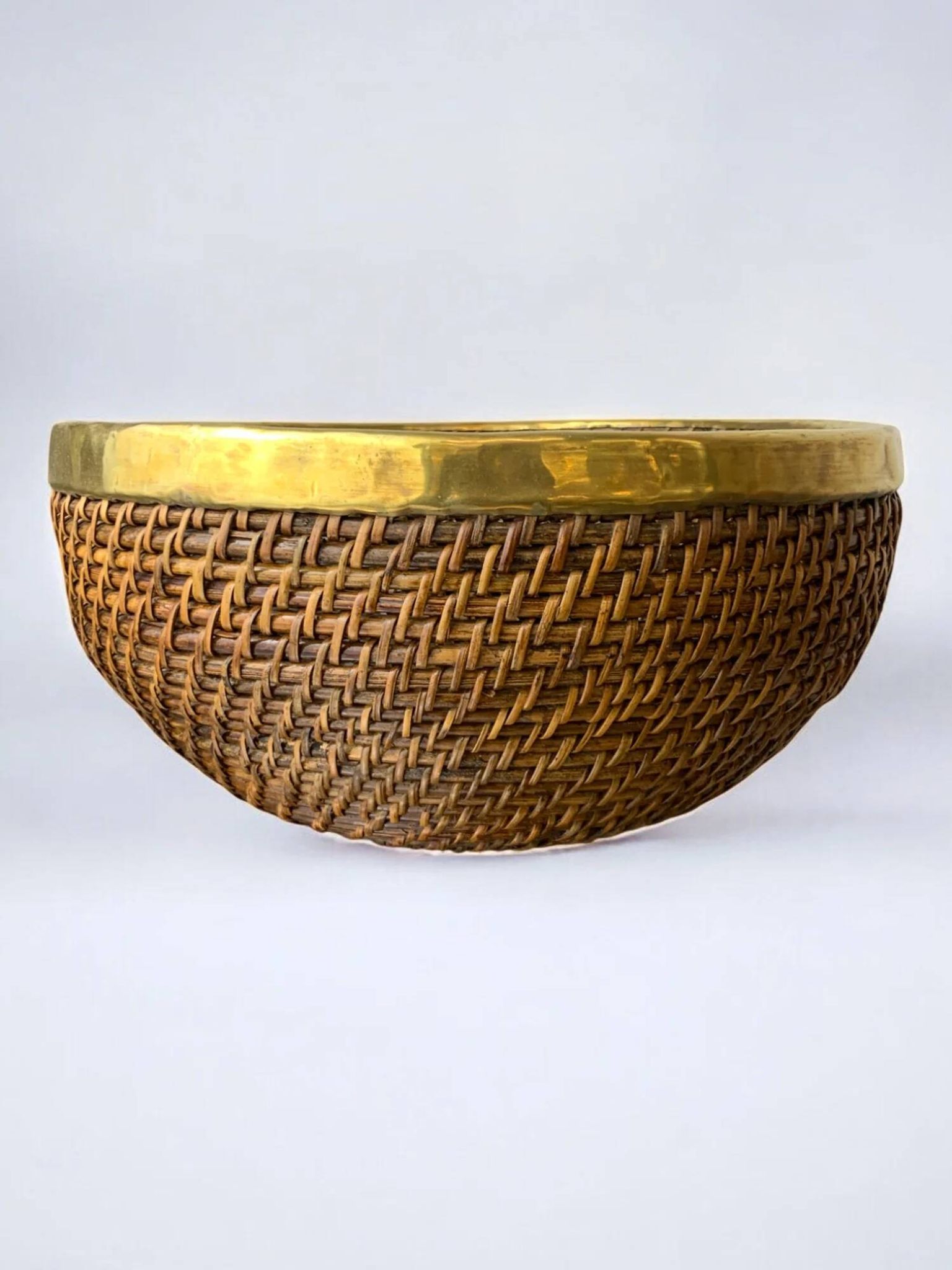 Rattan and brass basket, Italy, 1970s, 32 cm diameter