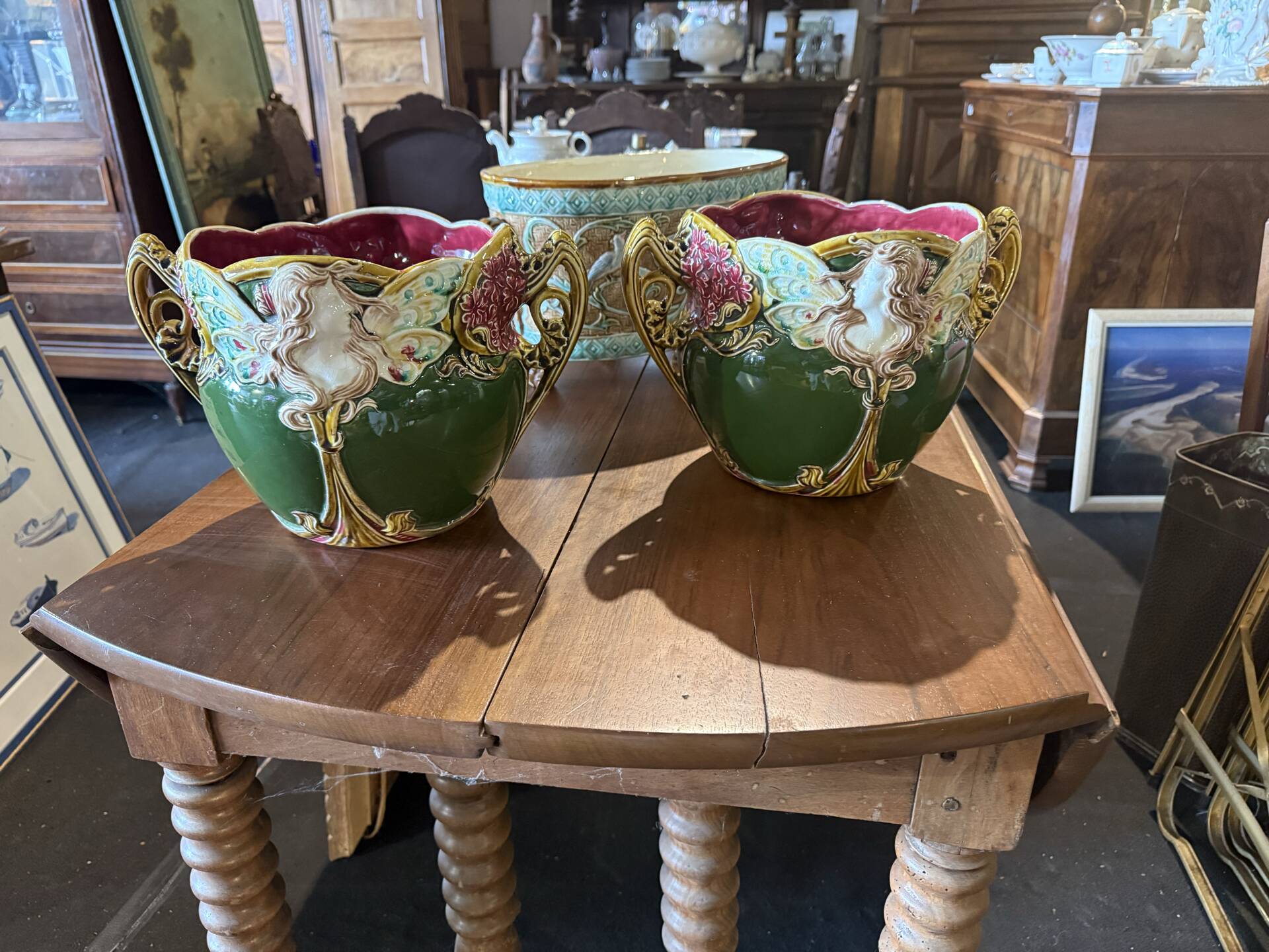 Pair of slipware plant pots in Art Nouveau style