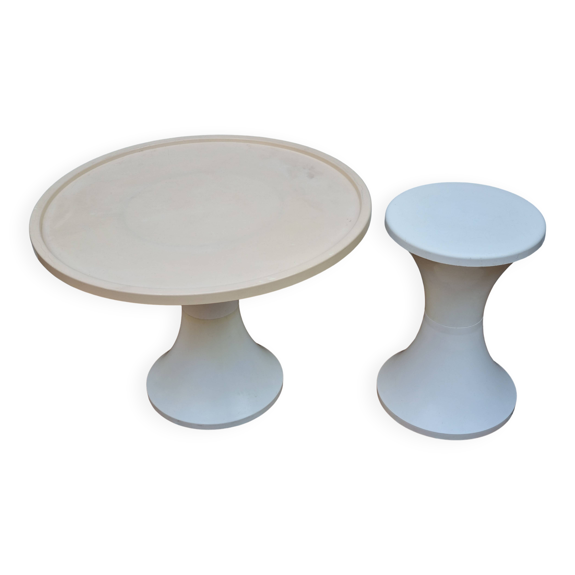 Stamped cream and white coffee table and stool, 1970s