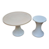 Stamped cream and white coffee table and stool, 1970s