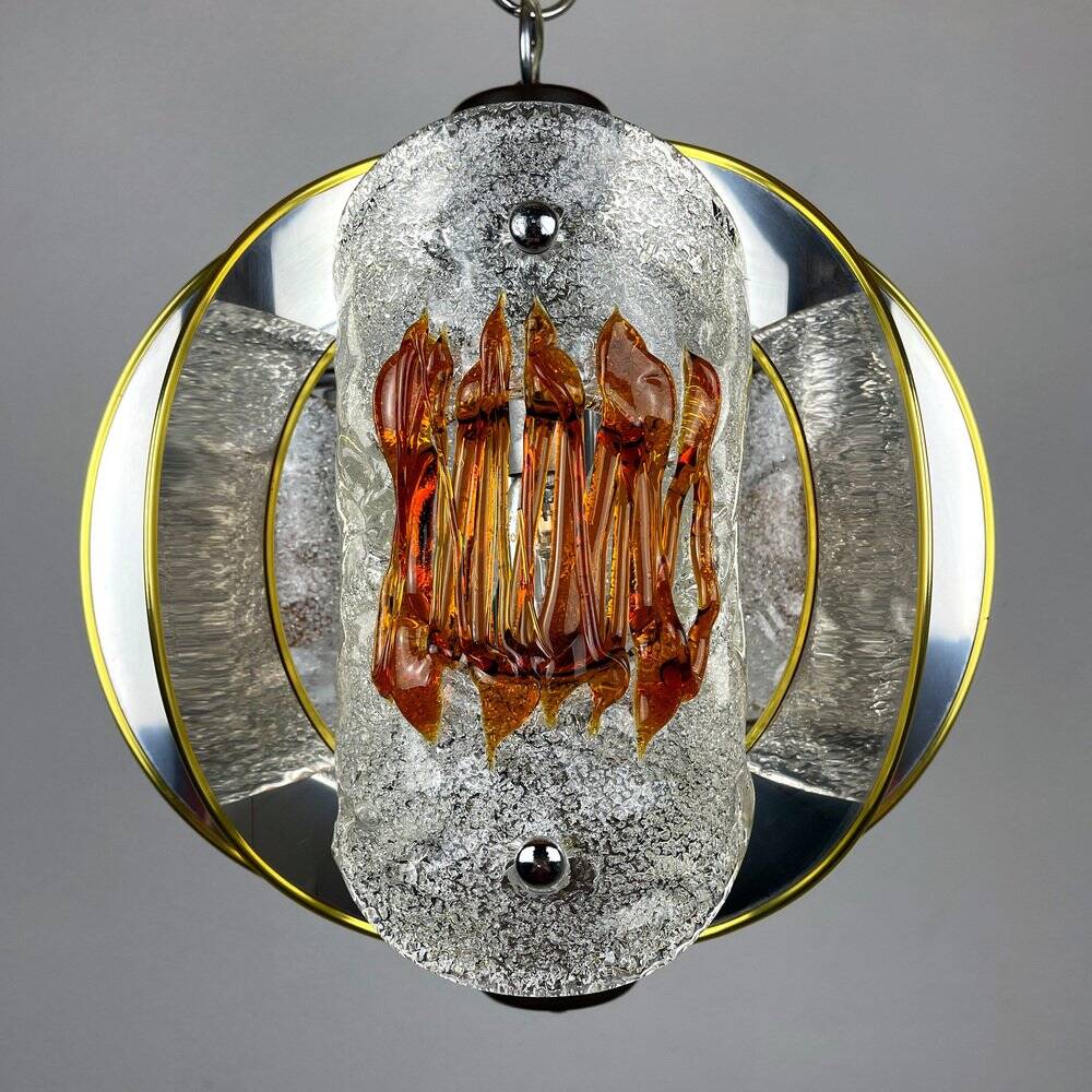 Amber mid-century chrome chandelier by Toni Zuccheri for Veart, Italy, 1970s.
