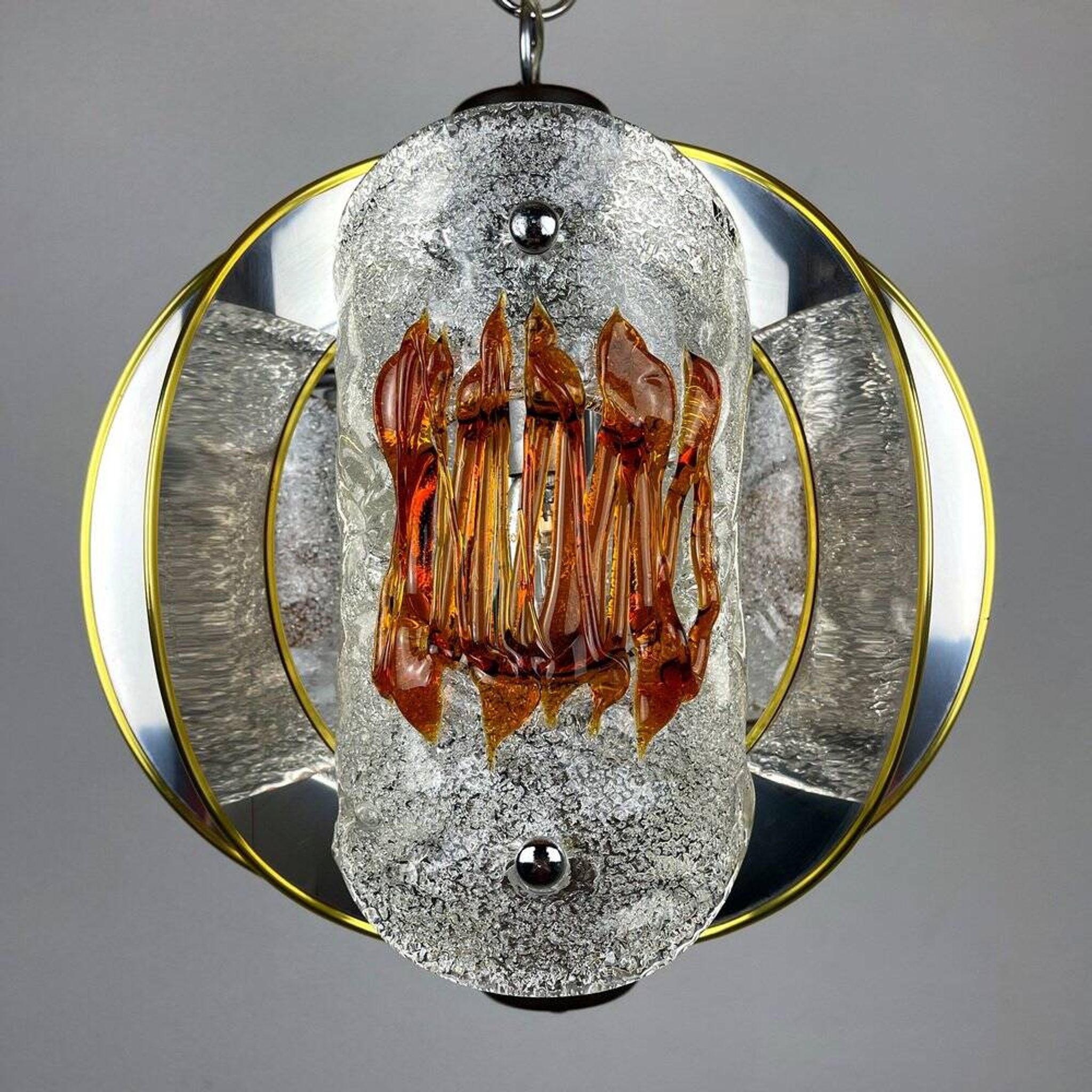 Amber mid-century chrome chandelier by Toni Zuccheri for Veart, Italy, 1970s.