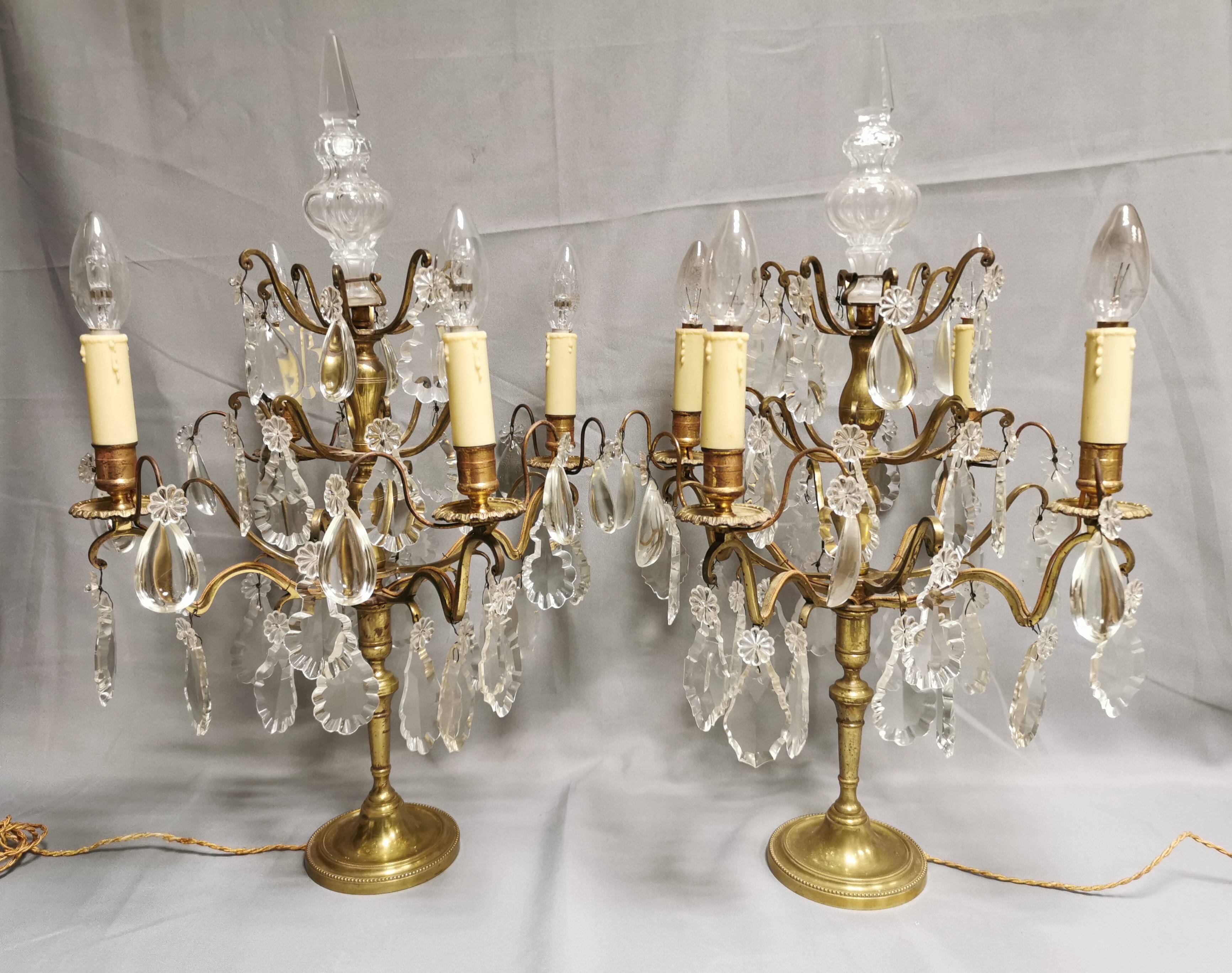 Pair of large electrified girandole candlesticks with crystal tassels