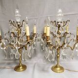 Pair of large electrified girandole candlesticks with crystal tassels