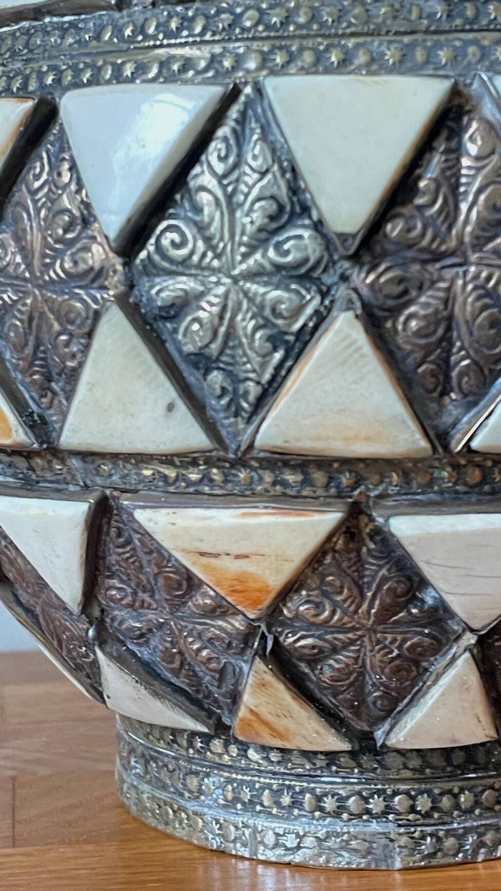 Vintage handcrafted lamp, pottery and silver-plated metal