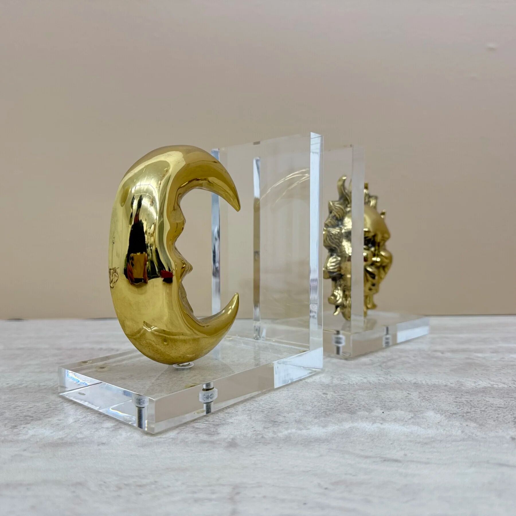 Vintage bookends sun and moon lucite and brass, 1970s