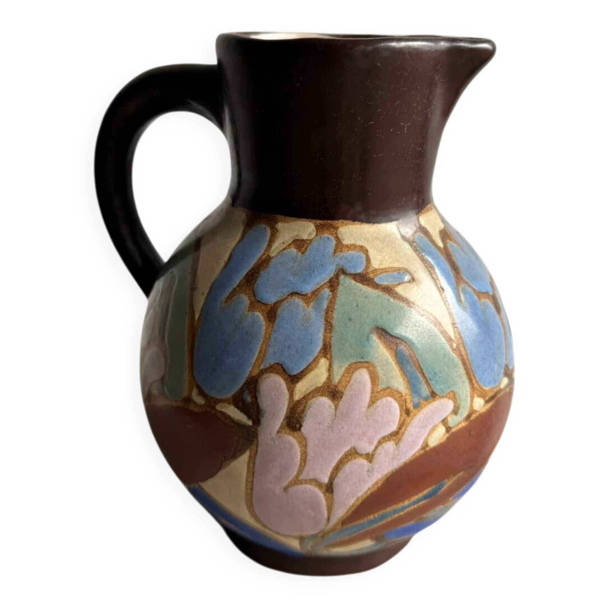 Vintage C.M. Bergen Hand-Painted Ceramic Vase — Brown & Pastel Floral Glazed Pitcher, 21cm