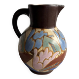 Vintage C.M. Bergen Hand-Painted Ceramic Vase — Brown & Pastel Floral Glazed Pitcher, 21cm