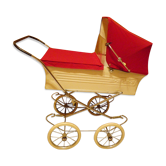 Vintage doll's pram - white leatherette, red felt, chrome metal frame - 1960s