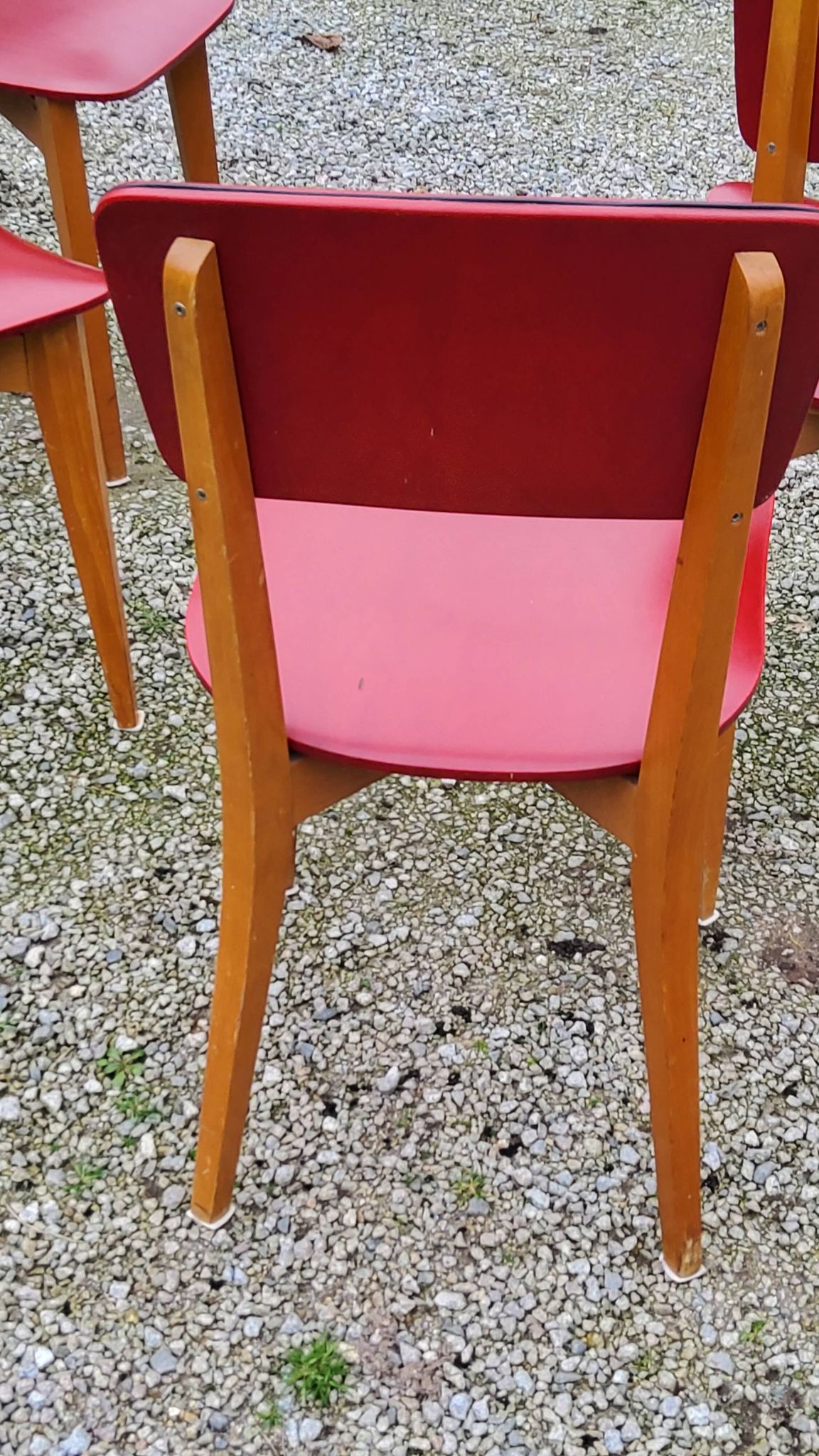 Set of 4 vintage chairs from the 50s in blond beech and red leatherette