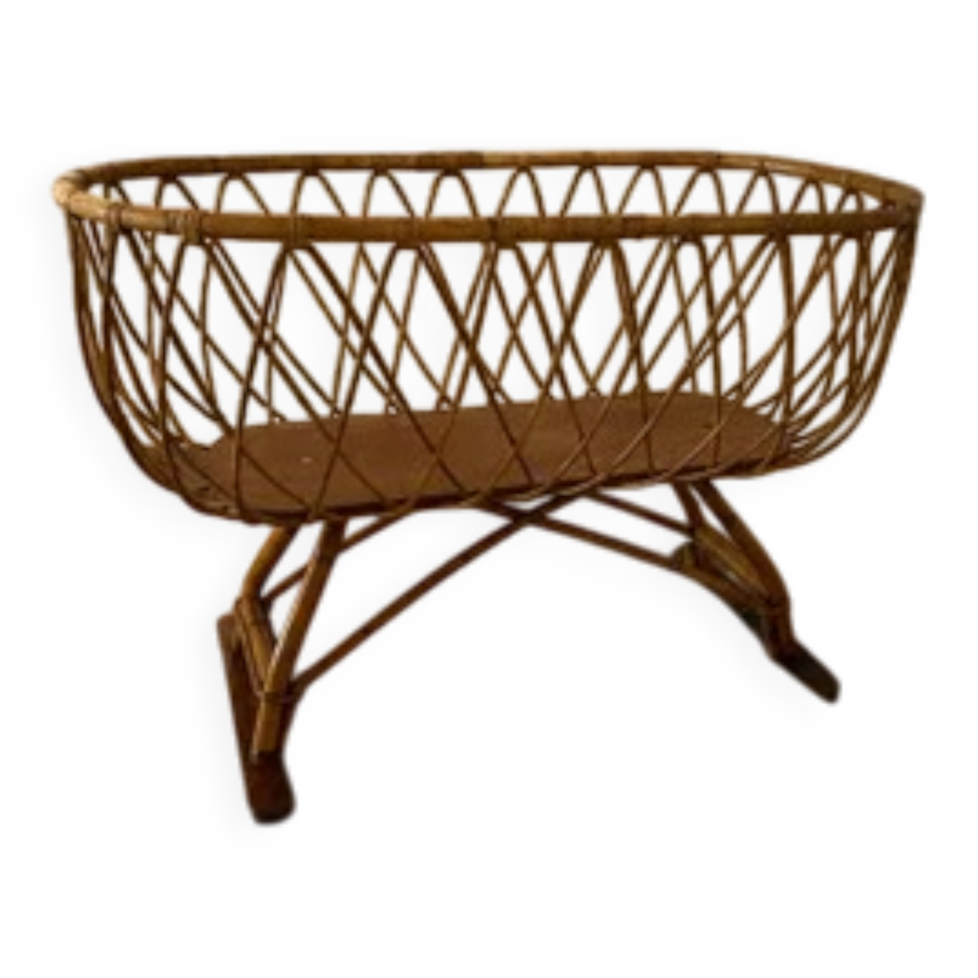 Berceau vintage en rotin et osier sur pied, années 1970, Europe