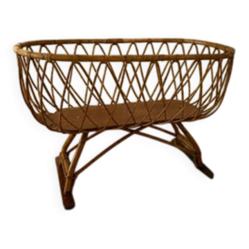 Vintage rattan and wicker cradle on legs, 1970s, Europe