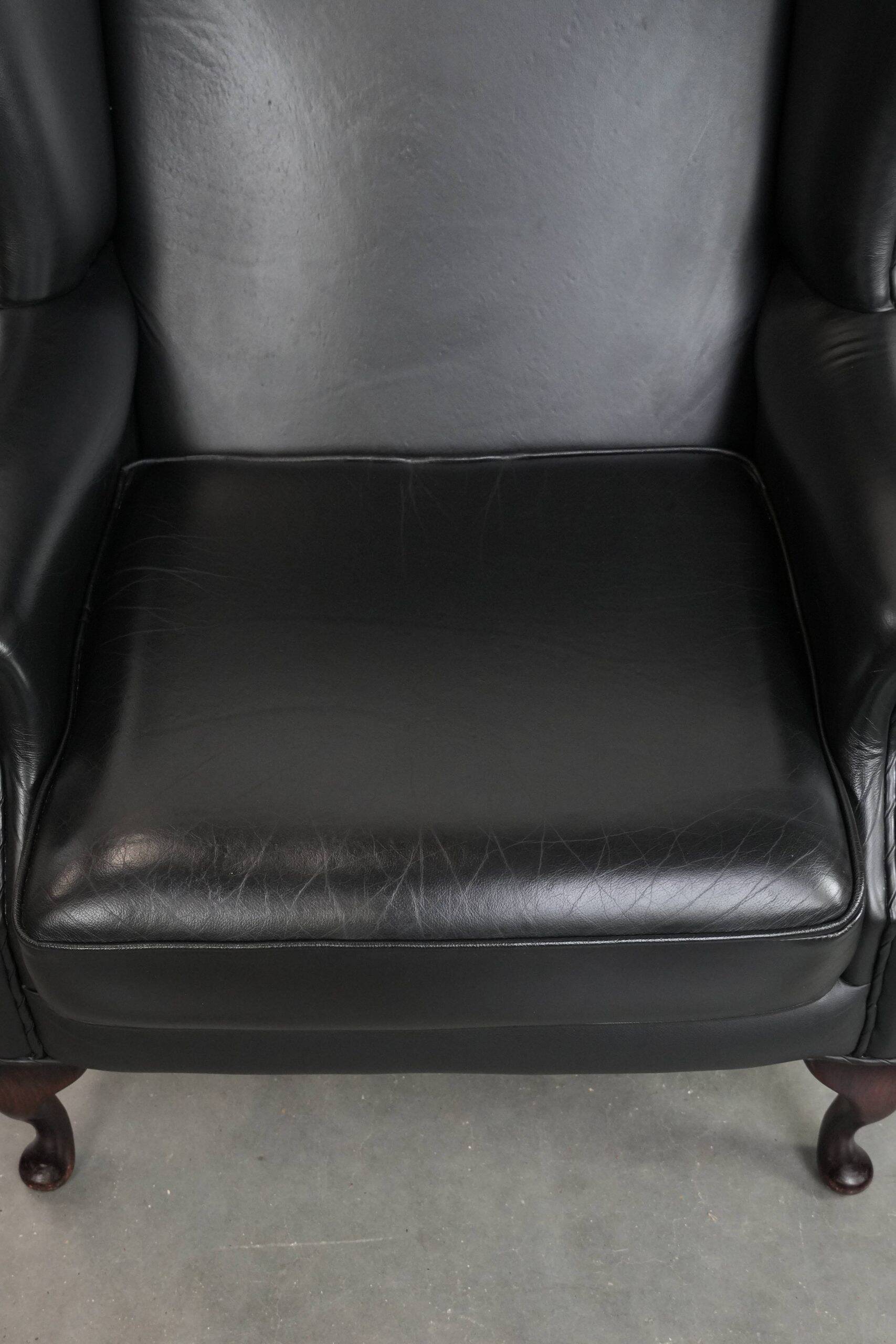 Black cowhide leather Chesterfield wingback chair in English style