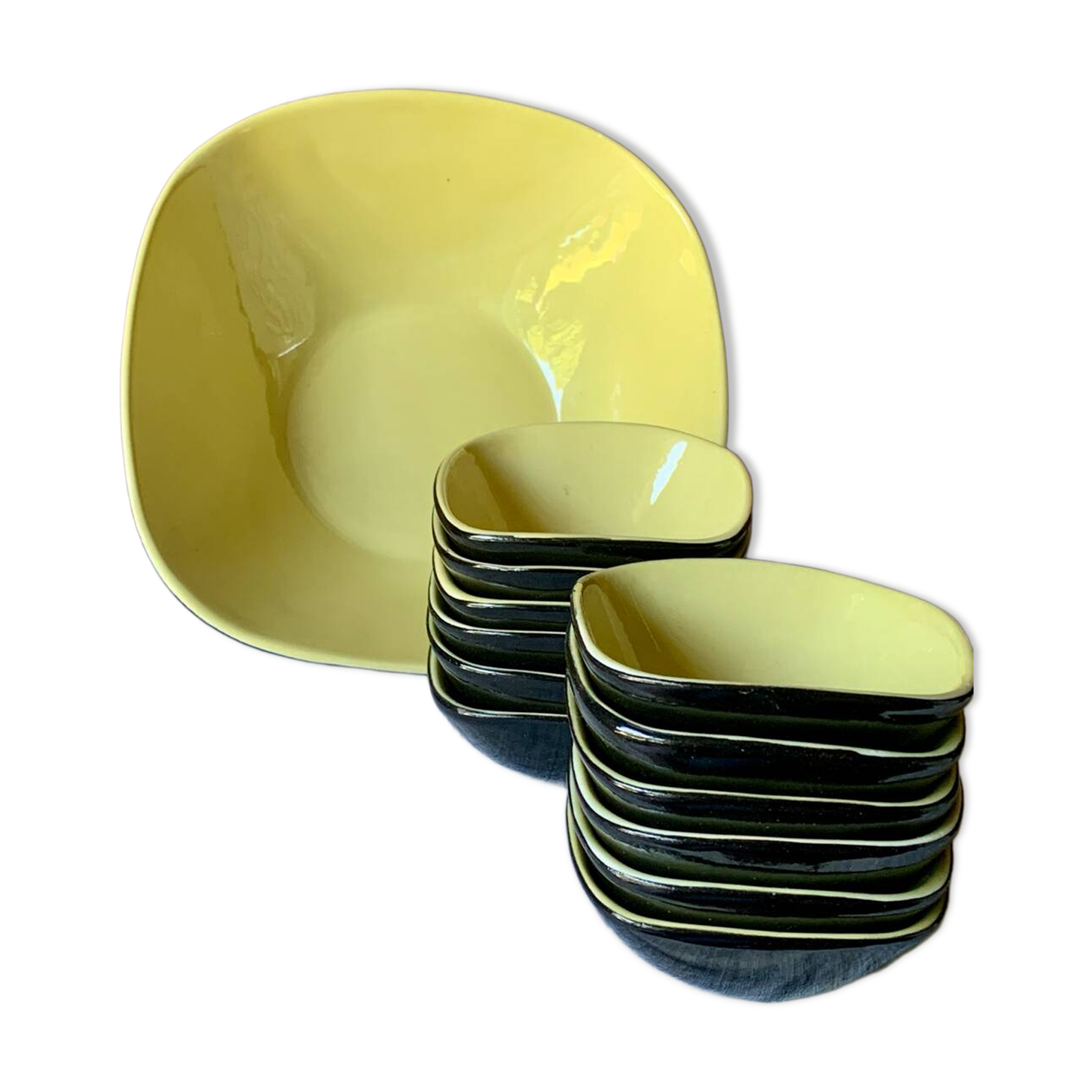Saladier et 12 ramequins jaune et noir 1960