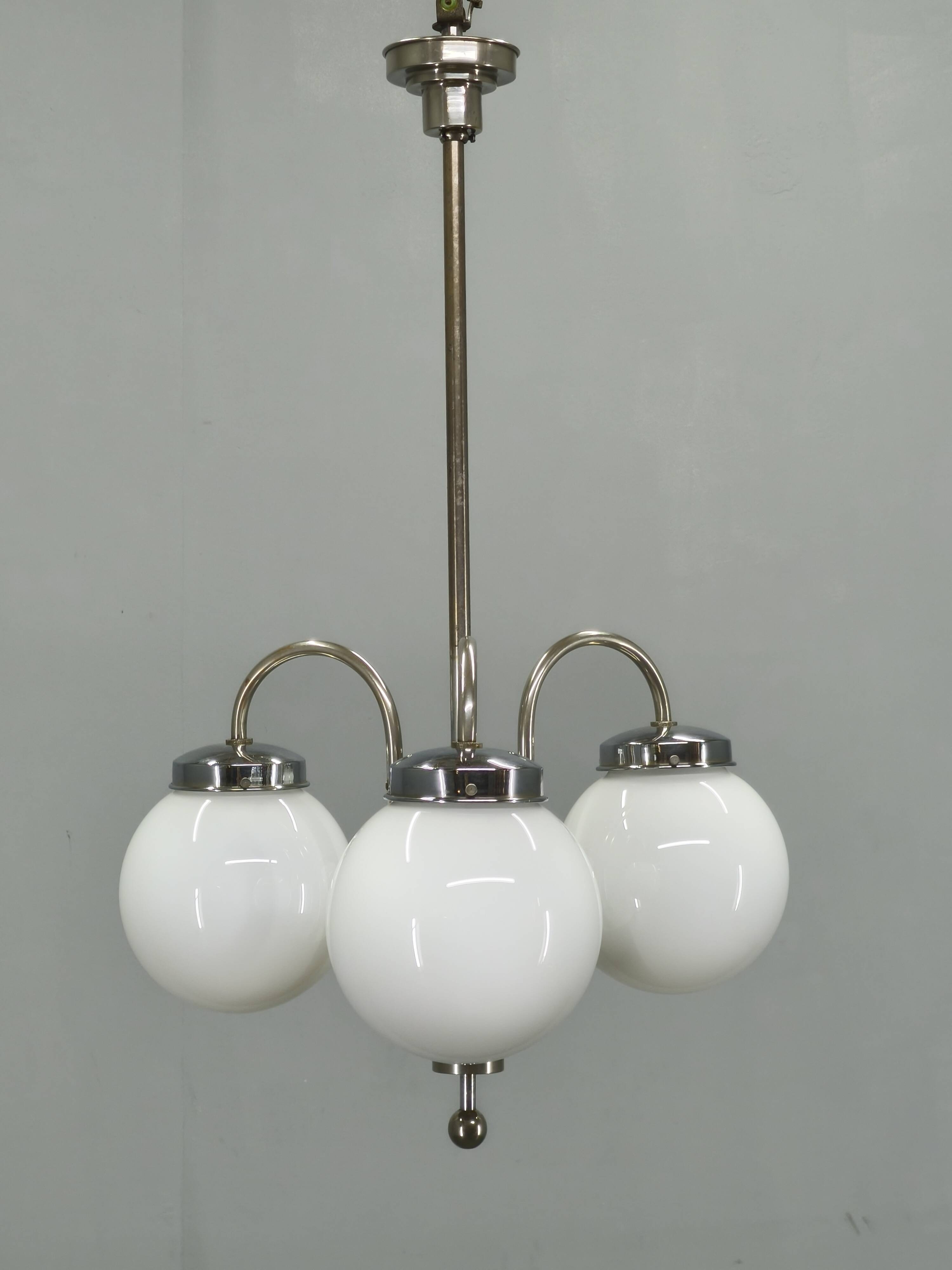 1930s Czech Art Deco Chandelier with Three Opaline Glass Globes