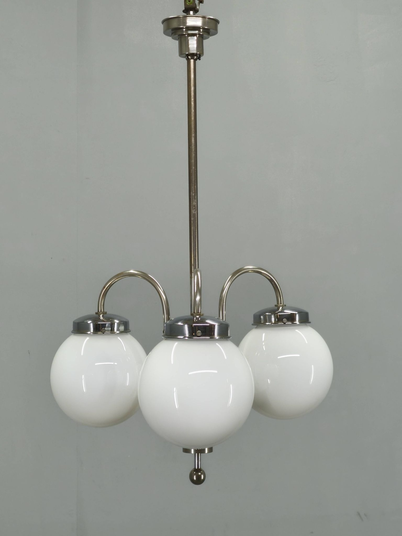 1930s Czech Art Deco Chandelier with Three Opaline Glass Globes