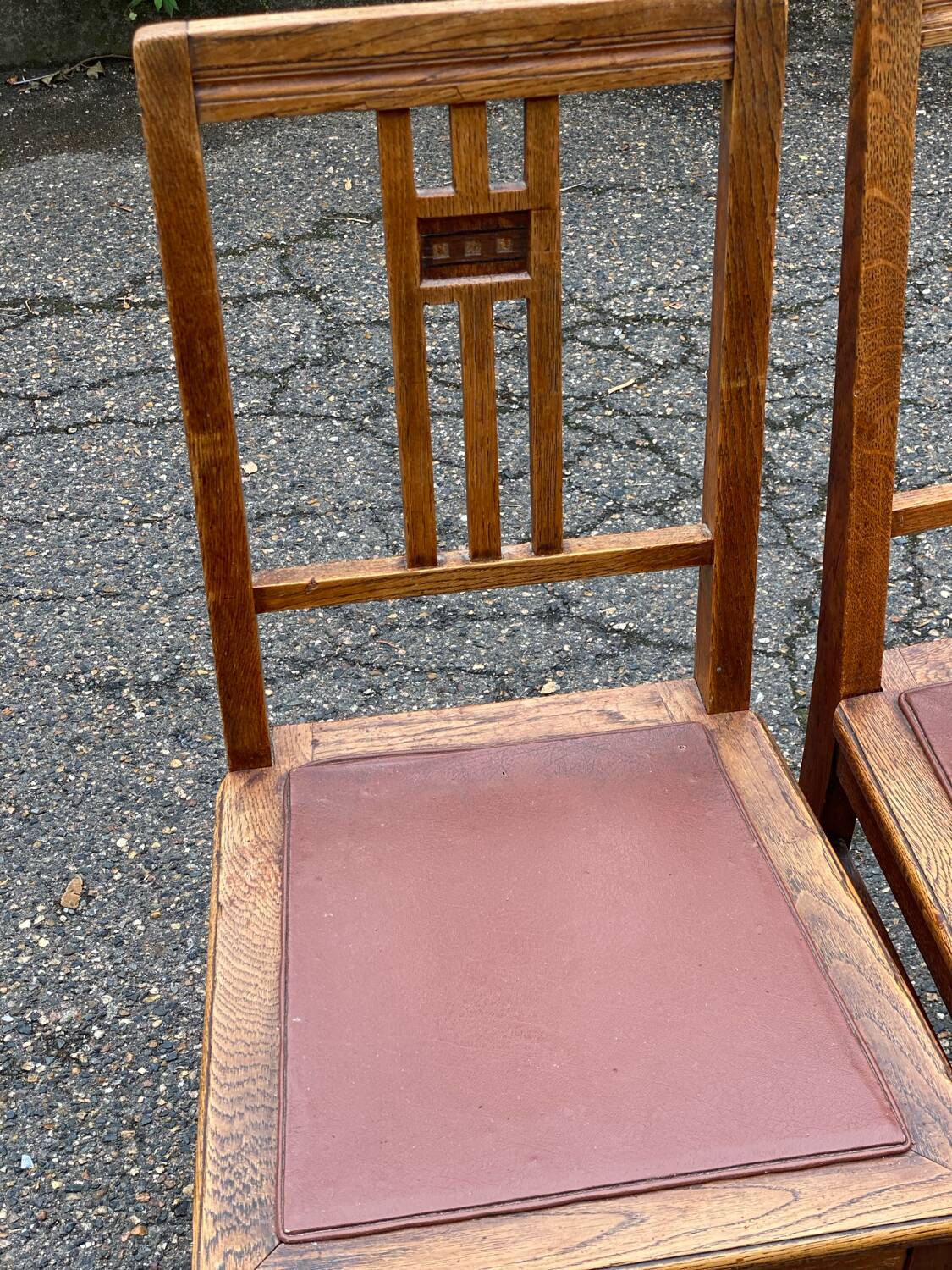 4 art deco dining chairs in solid wood and burgundy leather