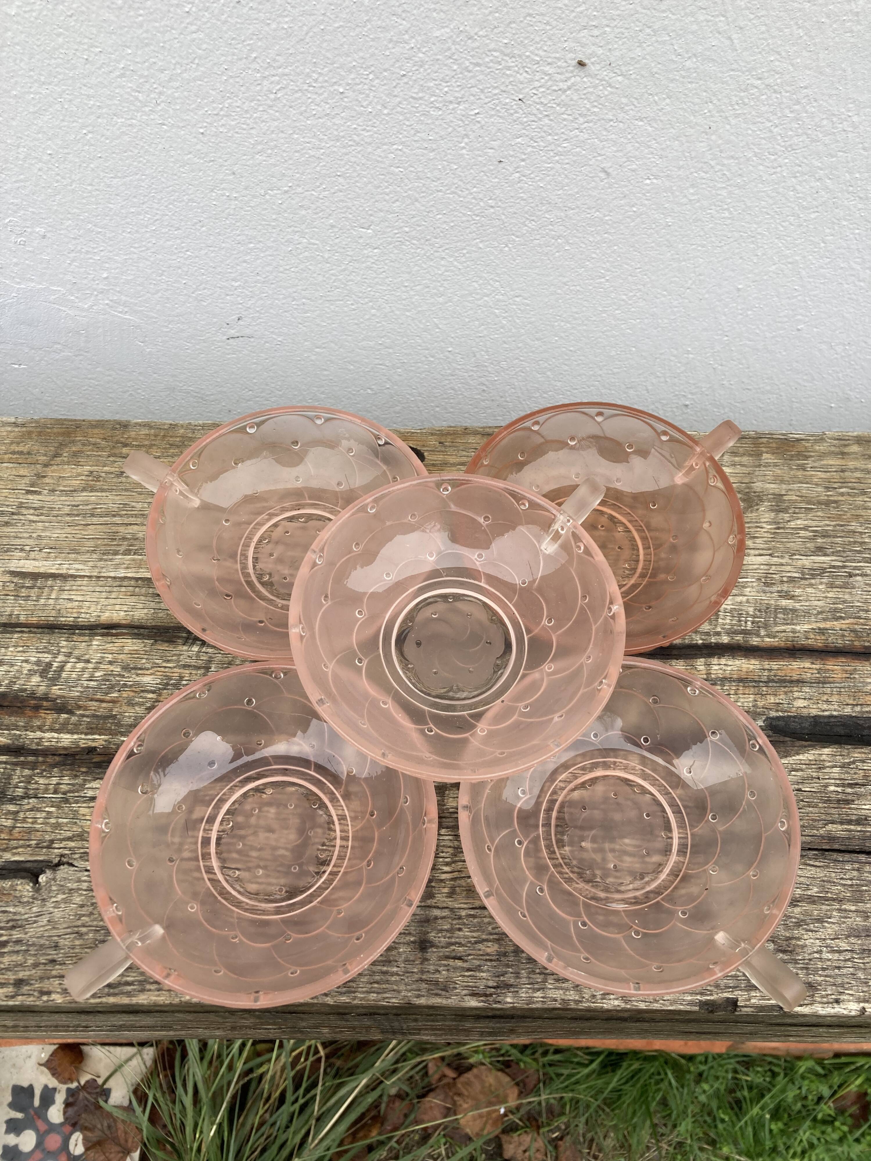 5 art deco cups pink old glass