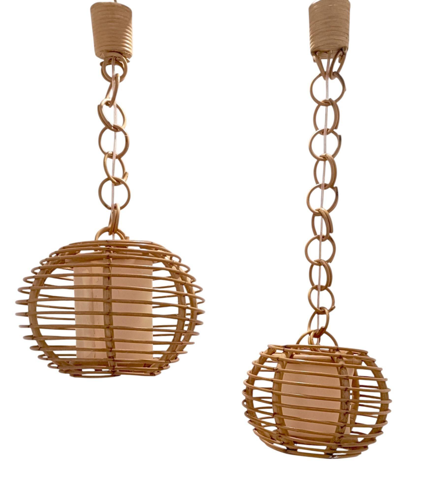 Mid-Century Globe Pendant Lamps, Bamboo & Rattan, c. 1960s